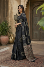 Satin Silk Heavy Mirror Work Saree With Unstitched Blouse (Black)