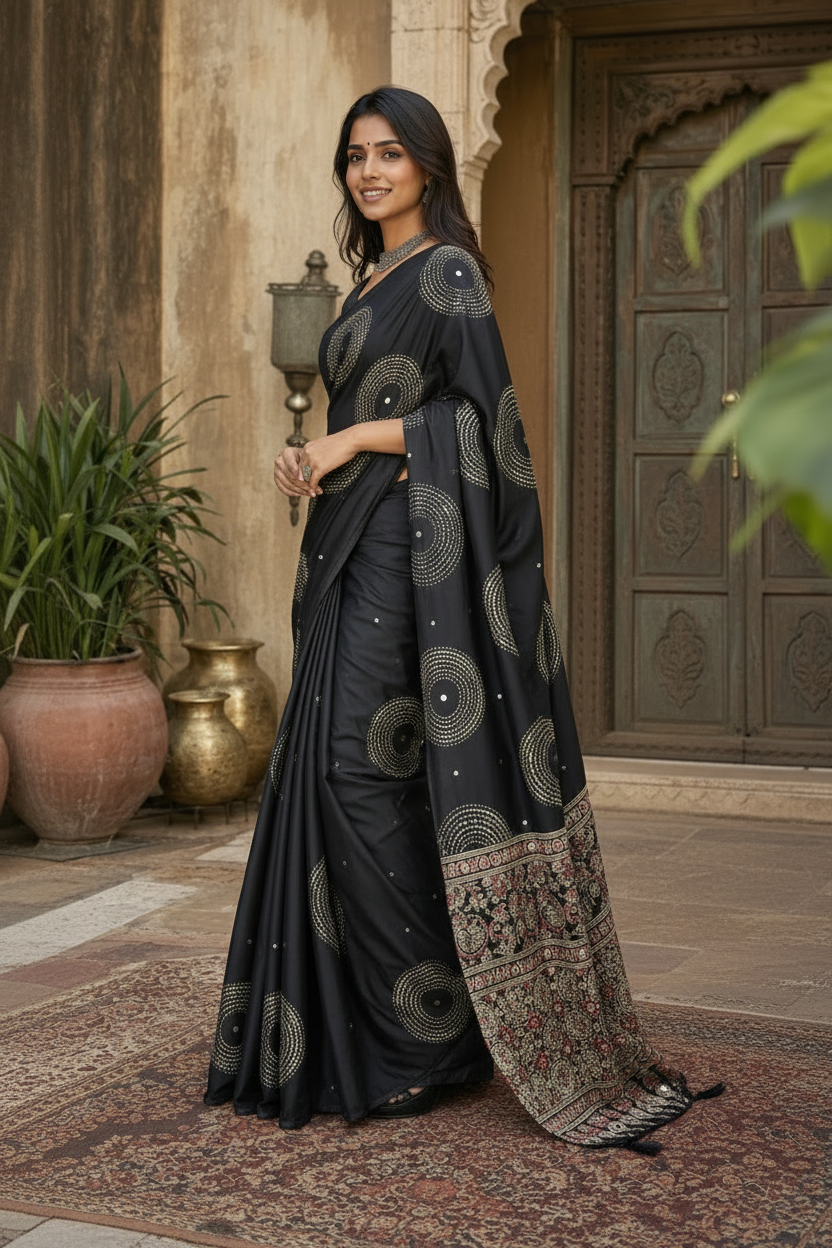 Satin Silk Heavy Mirror Work Saree With Unstitched Blouse (Black)