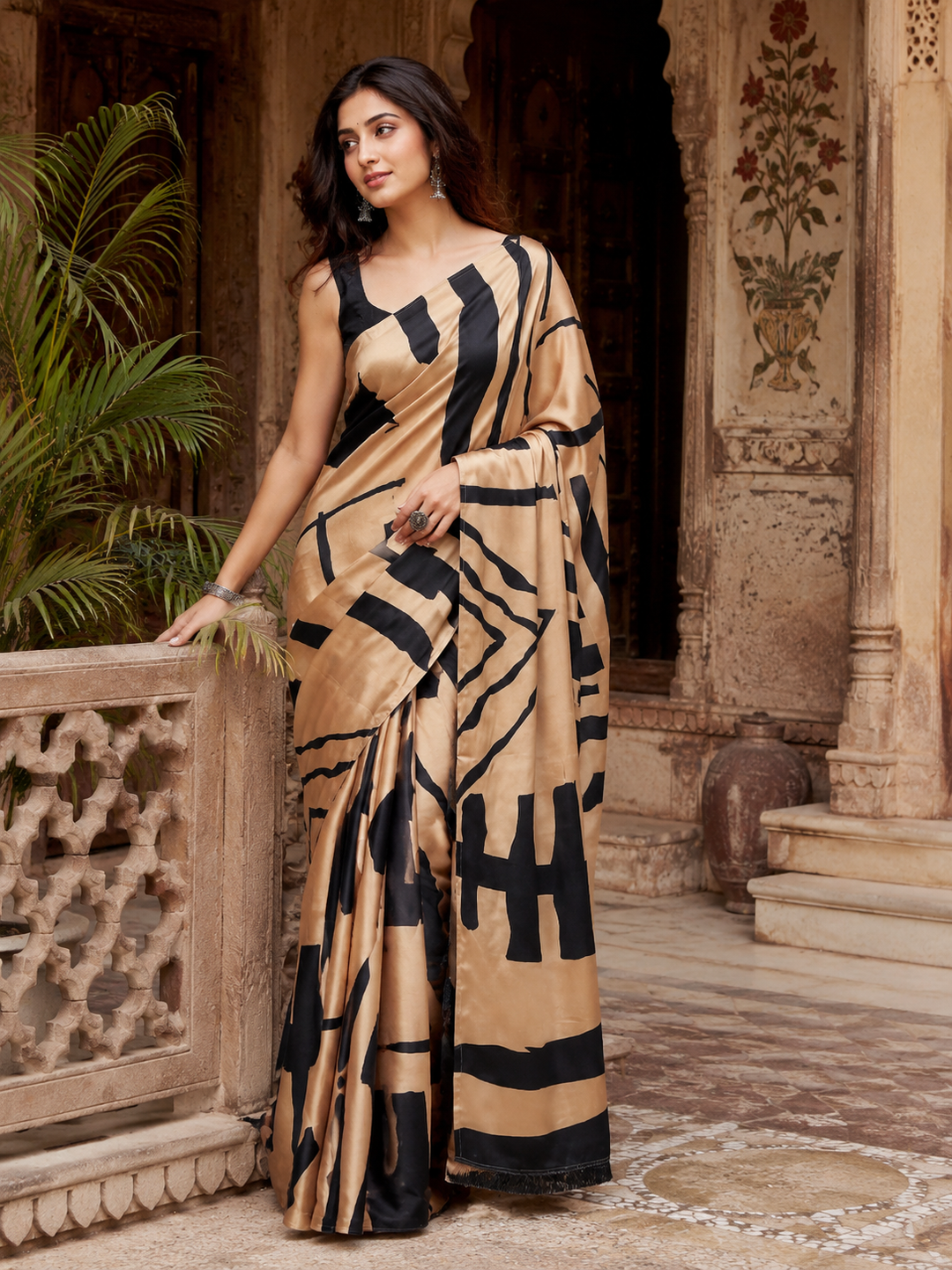 Satin Silk Sarees  With Unstitched Blouse(Golden)