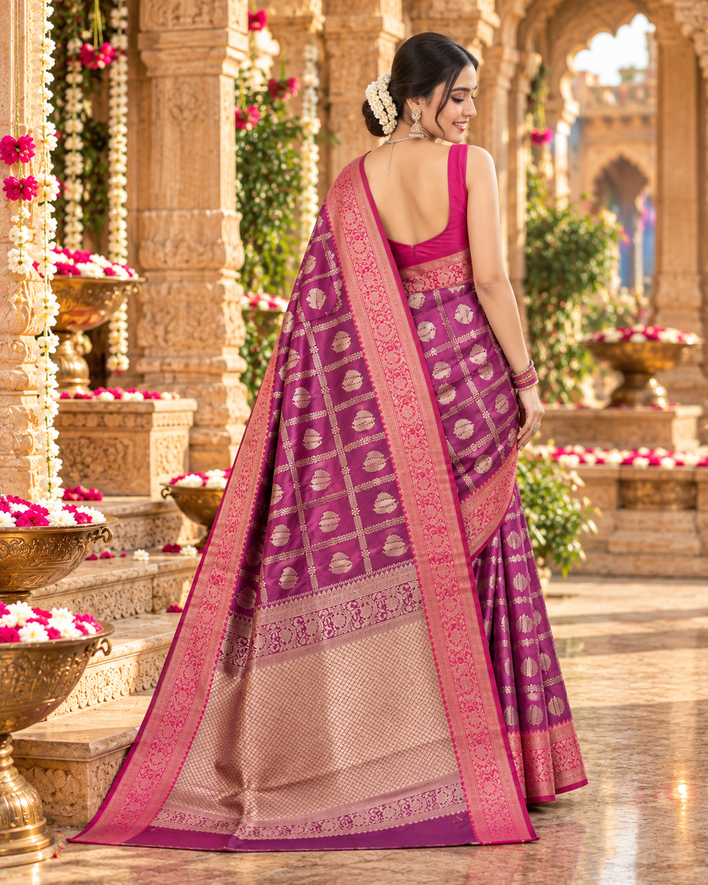 Banarasi Silk Saree Golder Zari Border With Unstitched Blouse(Wine)