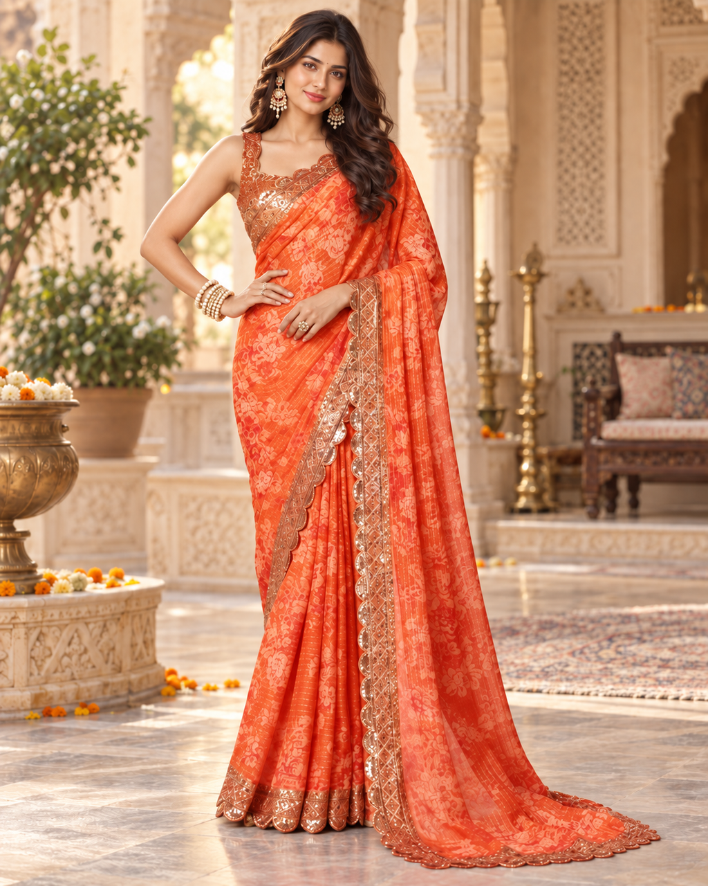 Organza Sequins Embroidery Work Saree With Unstitched Blouse(Orange)