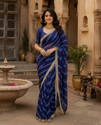 Georgette Traditional Zari Gold Lace Border Saree With Unstitched Blouse(Blue)