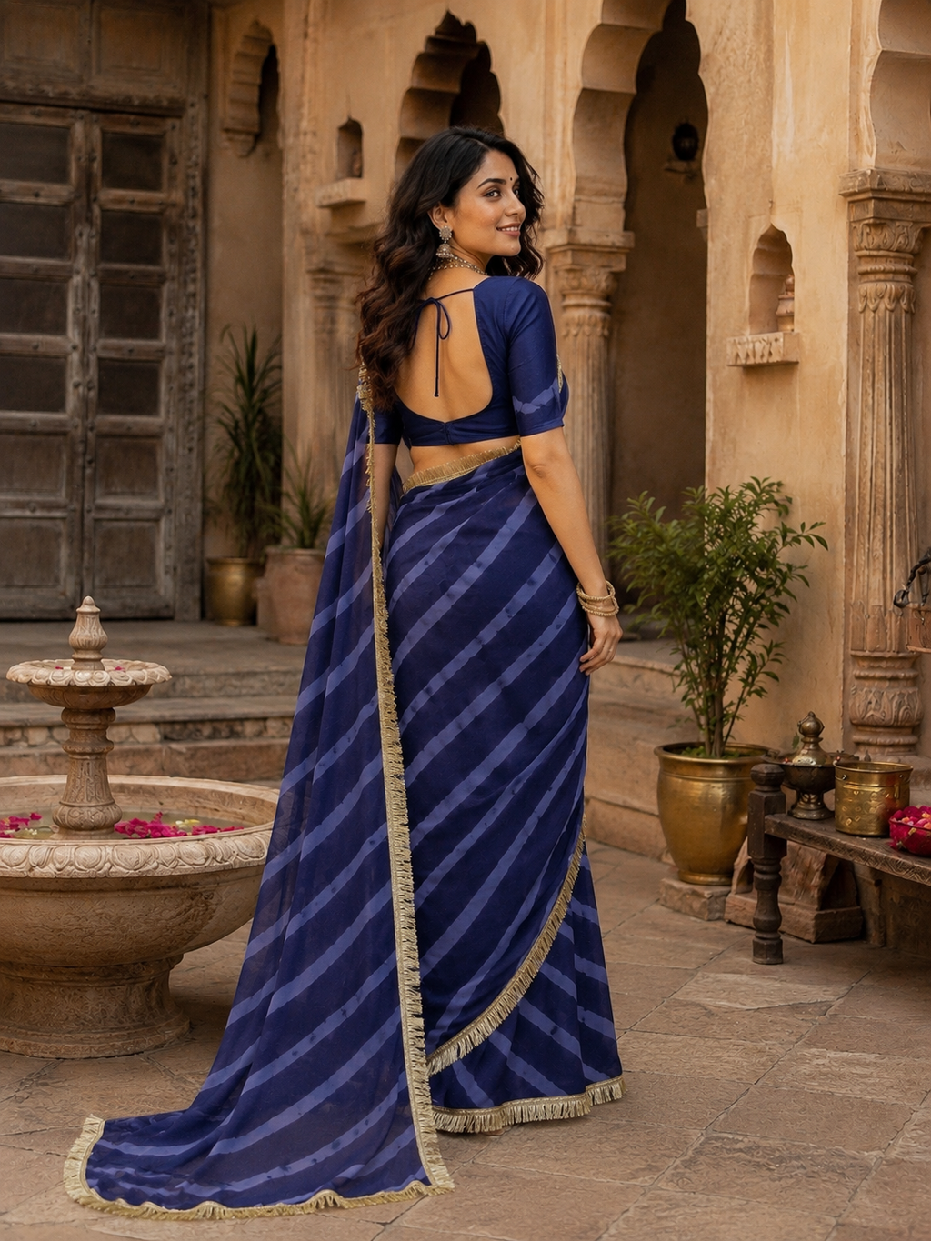 Georgette Traditional Zari Gold Lace Border Saree With Unstitched Blouse(Blue)