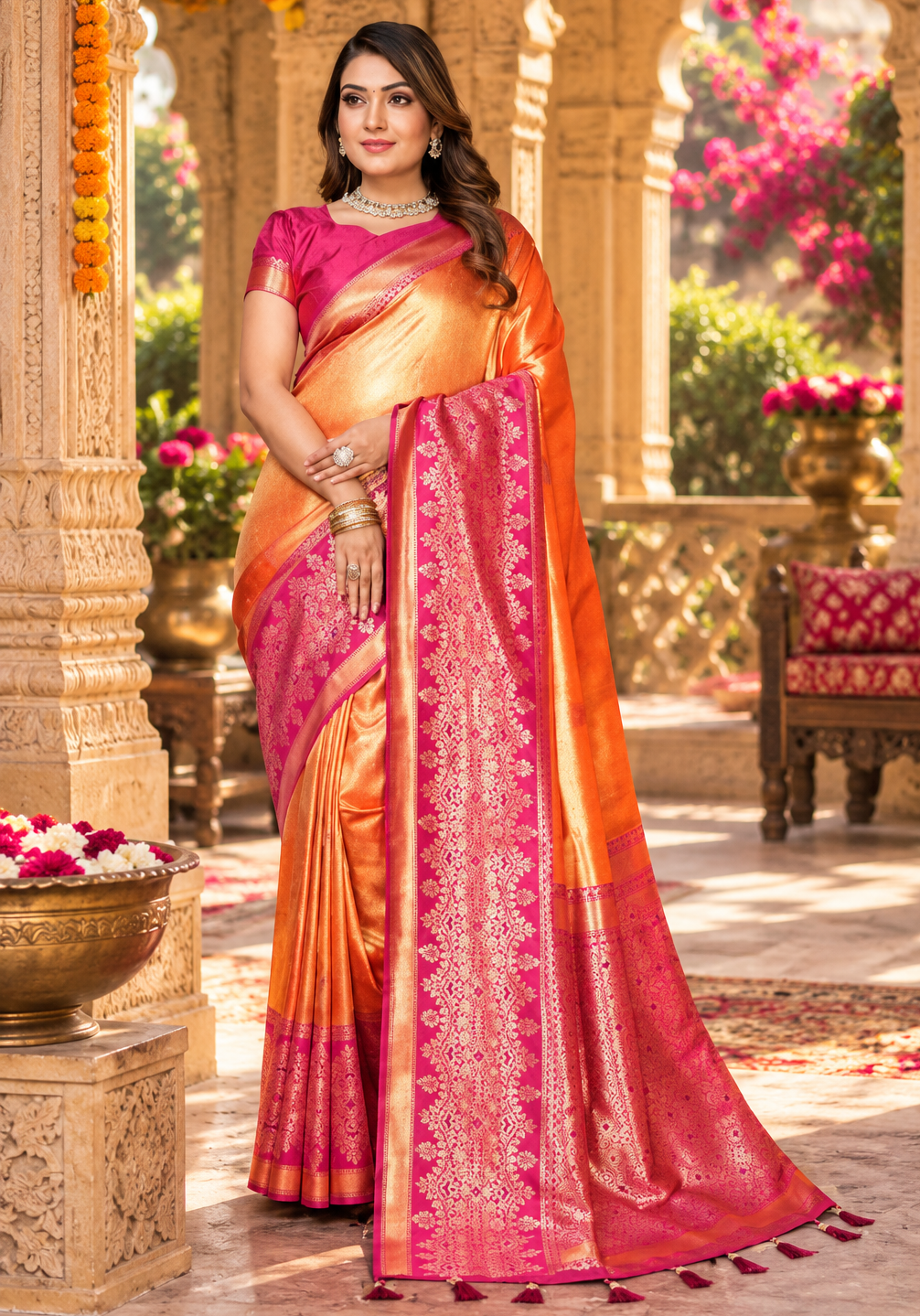 Soft Banarasi Tissue Silk Saree With Unstitched Blouse(Orange)