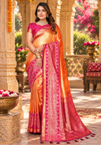 Soft Banarasi Tissue Silk Saree With Unstitched Blouse(Orange)