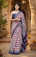 Mulmul Cotton Bagru Block Printed Saree With Unstitched Blouse(Red)