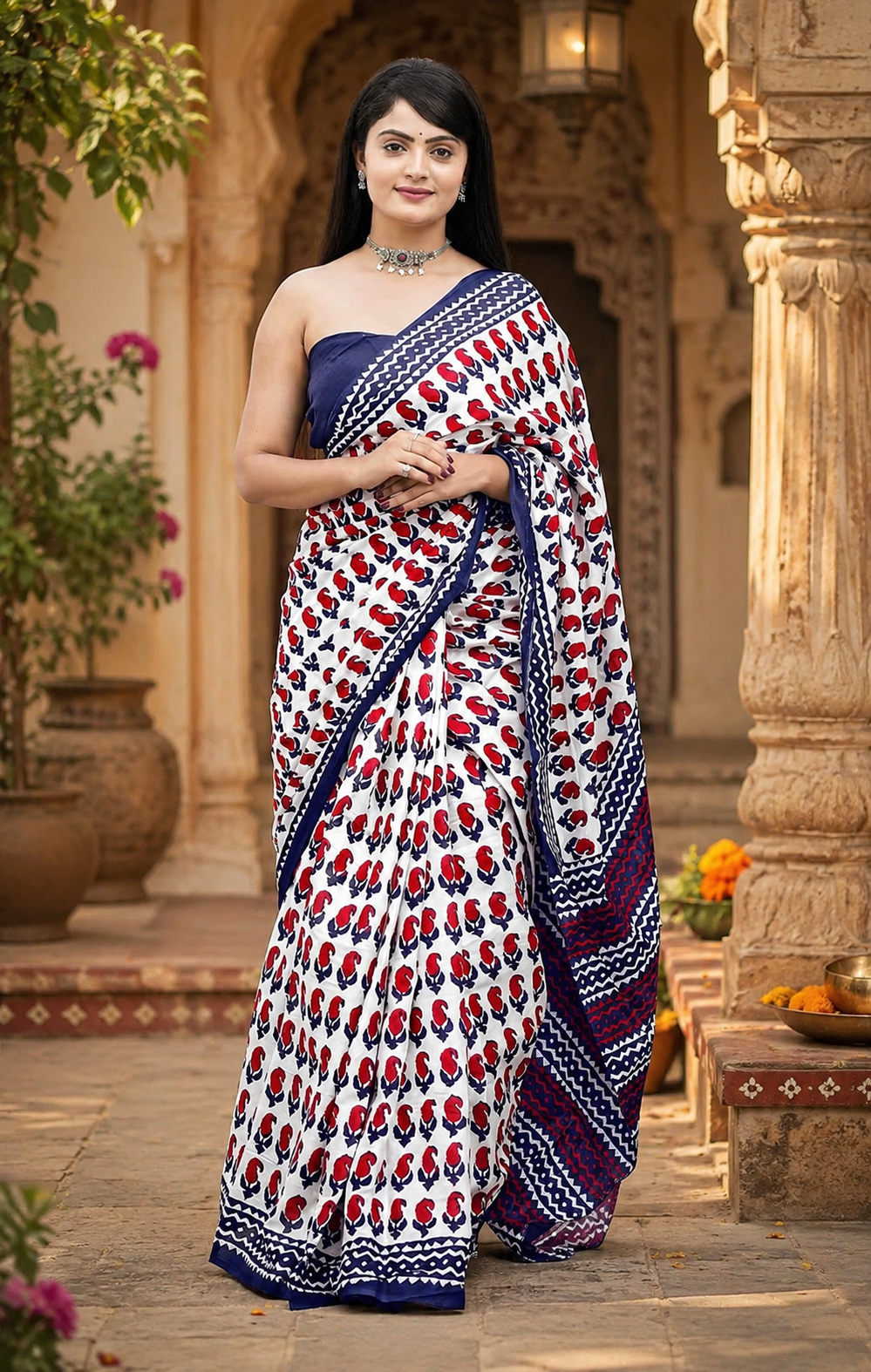 Mulmul Cotton Bagru Block Printed Saree With Unstitched Blouse(Red)