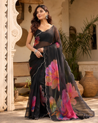 Satin Silk Floral Print Saree With Unstitched Blouse(Black)