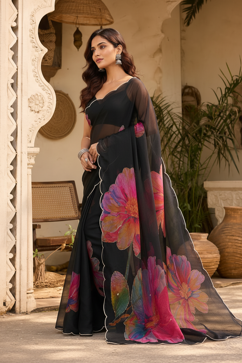 Satin Silk Floral Print Saree With Unstitched Blouse(Black)