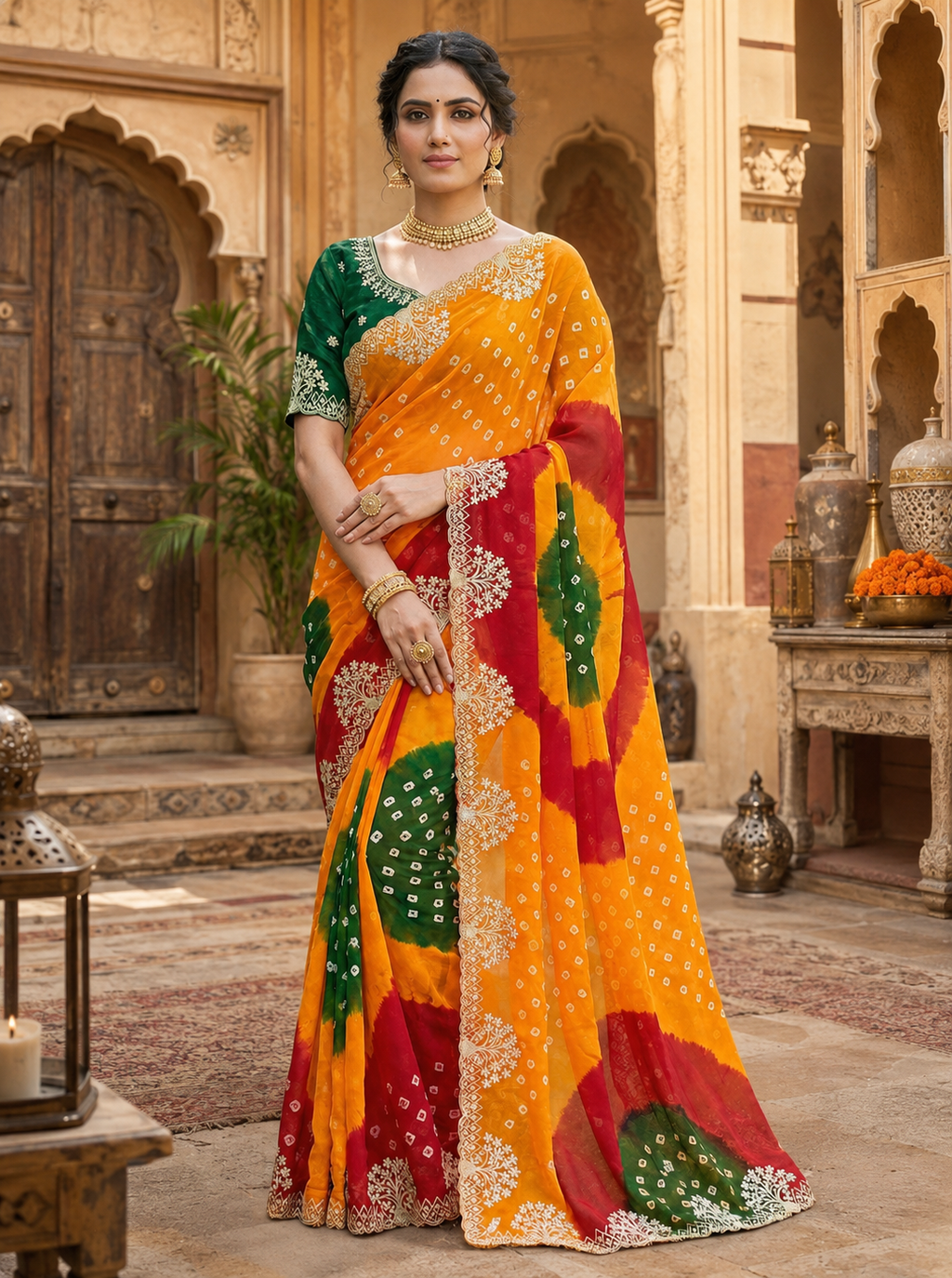 Georgette Bandhani Print Saree With Unstitched Blouse(Mustard)