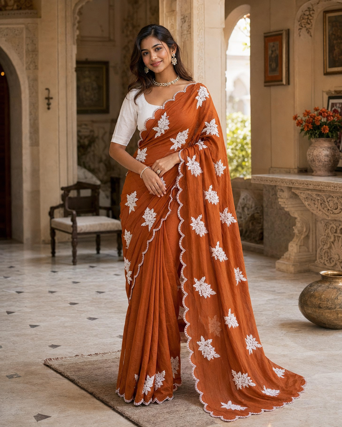 Rangoli Silk Sequins Work Saree With Unstitched Blouse(Orange)