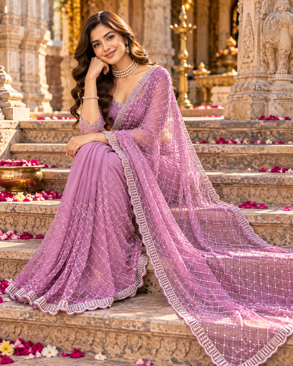 Net Silk Pearl Embroidery Work Premium Saree With Unstitched Blouse(Lavender)