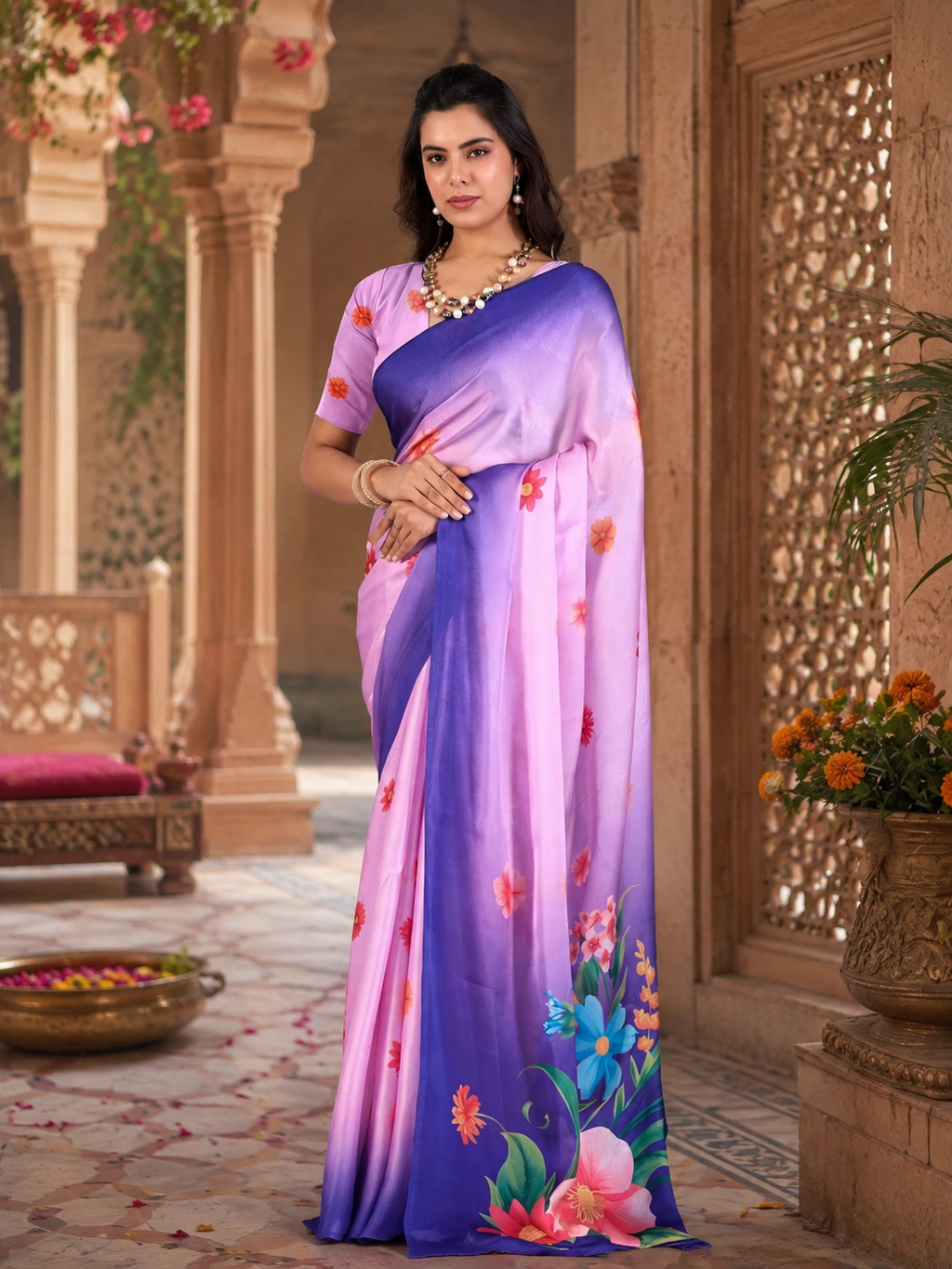 Georgette digital Print Saree With Unstitched Blouse(Pink)