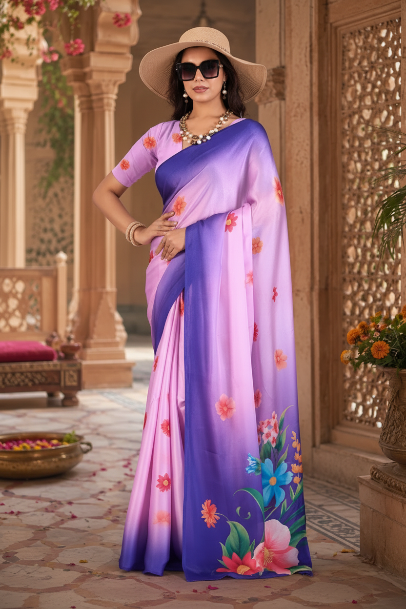 Georgette digital Print Saree With Unstitched Blouse(Pink)