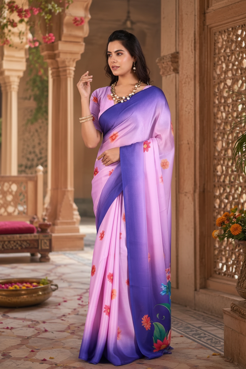 Georgette digital Print Saree With Unstitched Blouse(Pink)