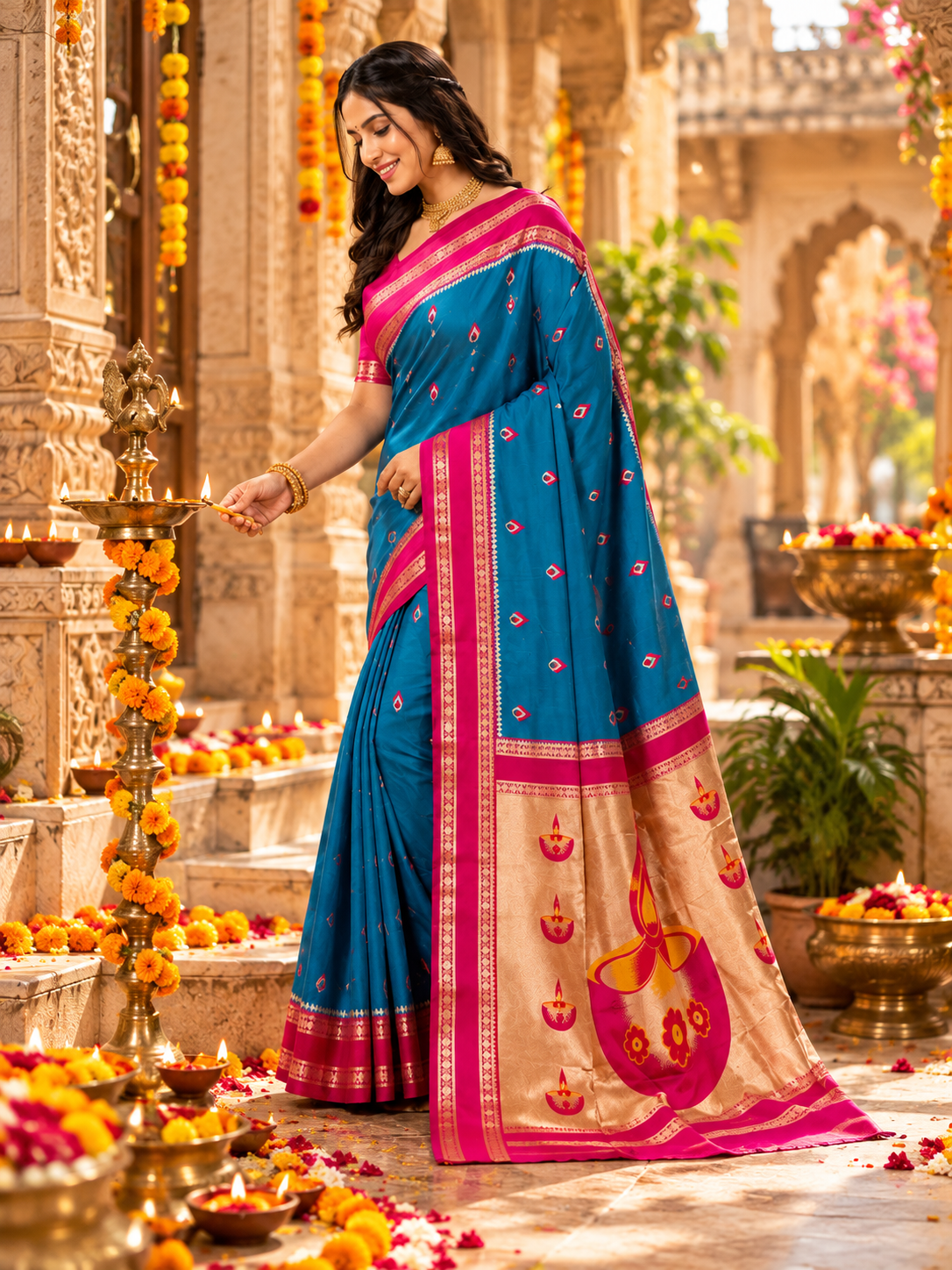 Banarasi Soft Silk Zari Border Saree With Unstitched Blouse(Blue)