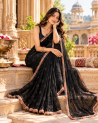 Kota Chex Embroidery Sequin Work Saree With Unstitched Blouse(Black)