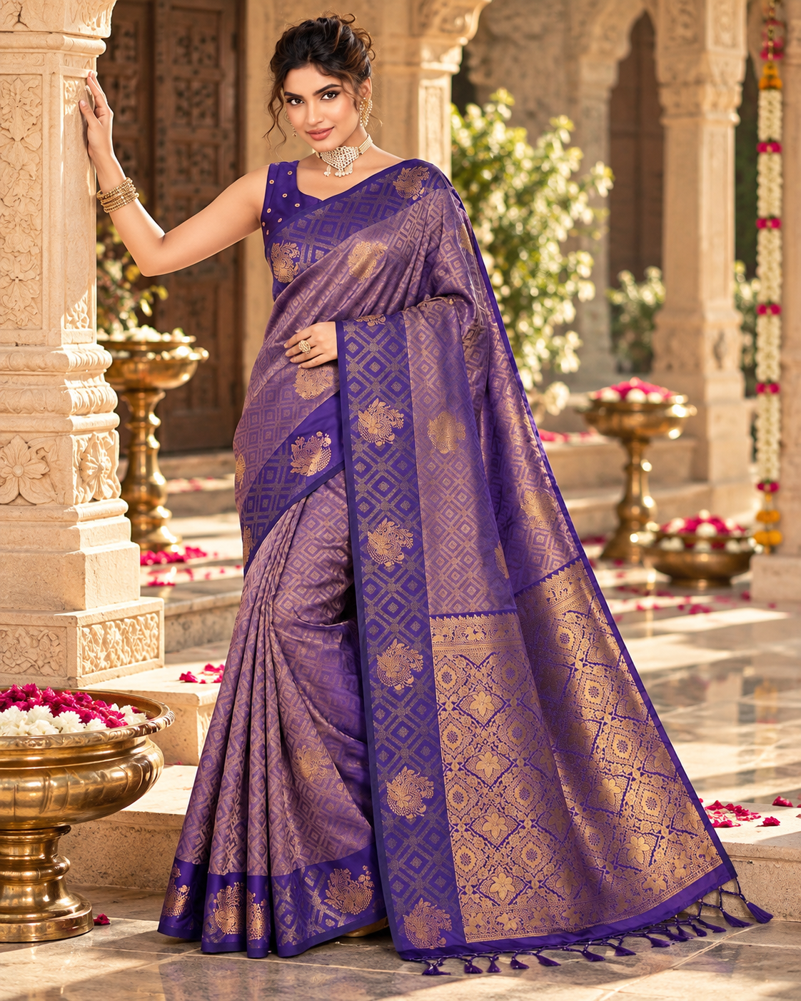 Pure Silk Zari Work Saree With Unstitched Blouse(Purple)