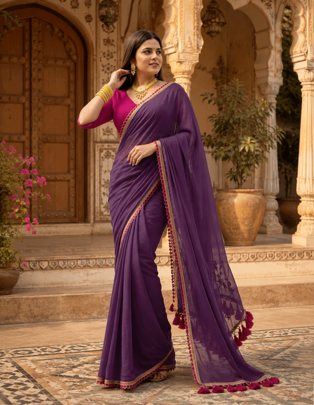 Georgette Lace Border Saree With Unstitched Blouse(Purple)