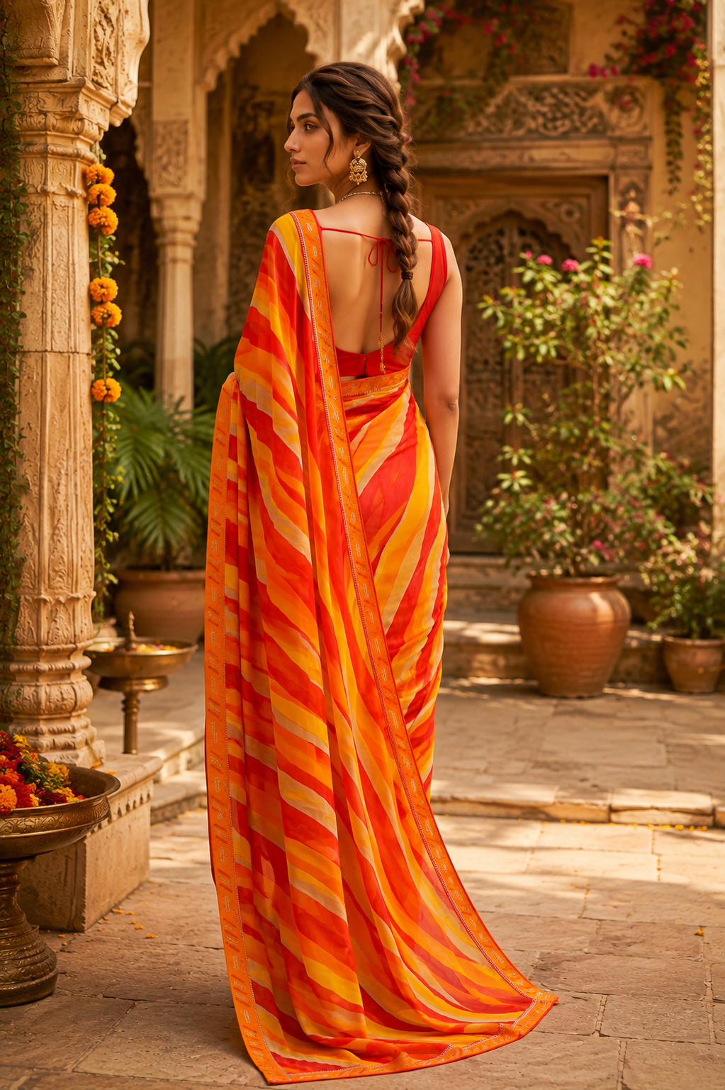 Georgette Digital Print Saree With Unstitched Blouse(Orange)