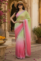 Georgette Swarovski Printed Saree With Unstitched Blouse(Light Green)