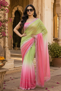 Georgette Swarovski Printed Saree With Unstitched Blouse(Light Green)