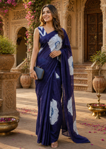 Load image into Gallery viewer, Cotton Block Flower Print Saree With Unstitched Blouse(Blue)
