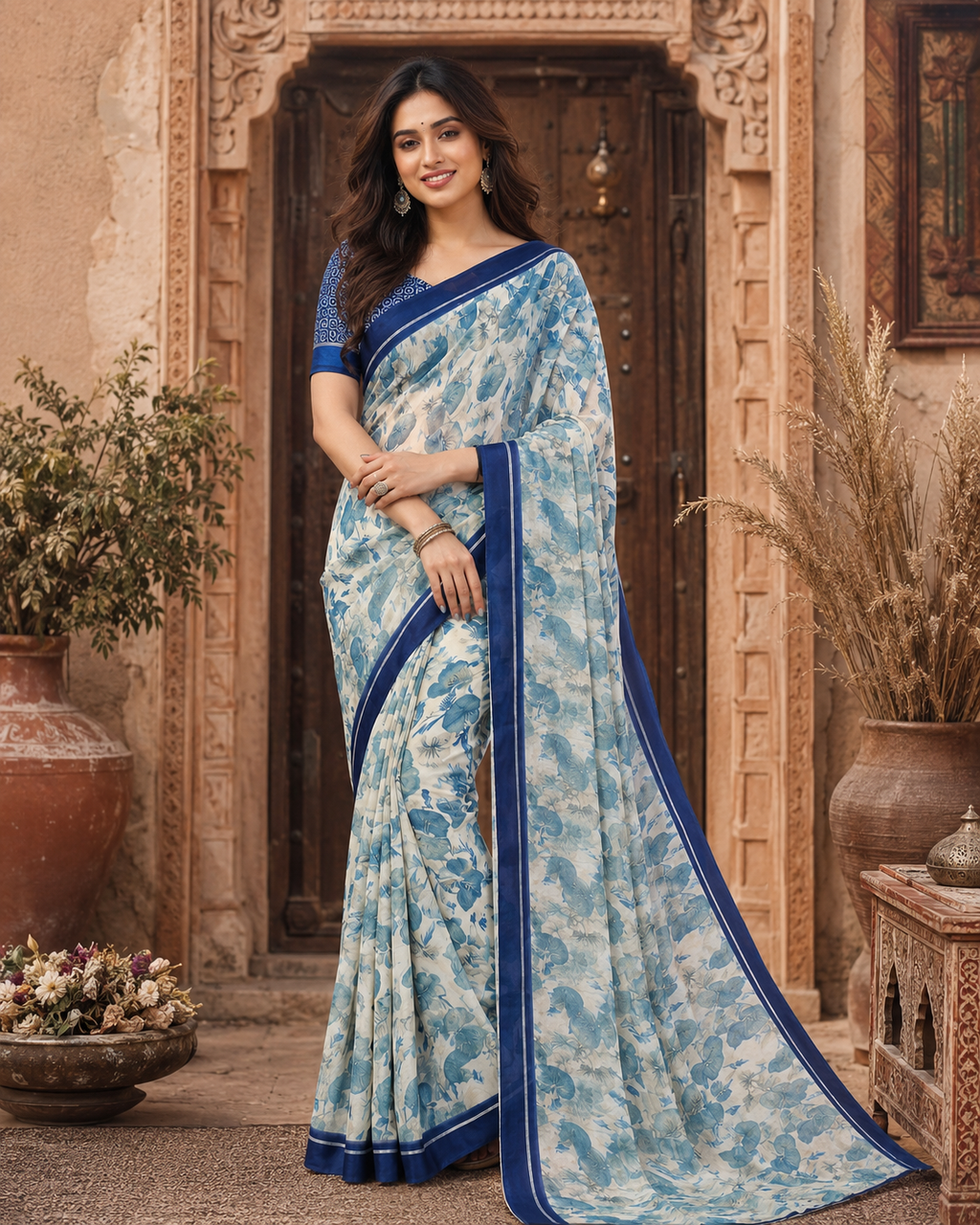 Satin Silk Printed Saree With Unstitched Blouse(Blue)