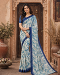 Satin Silk Printed Saree With Unstitched Blouse(Blue)
