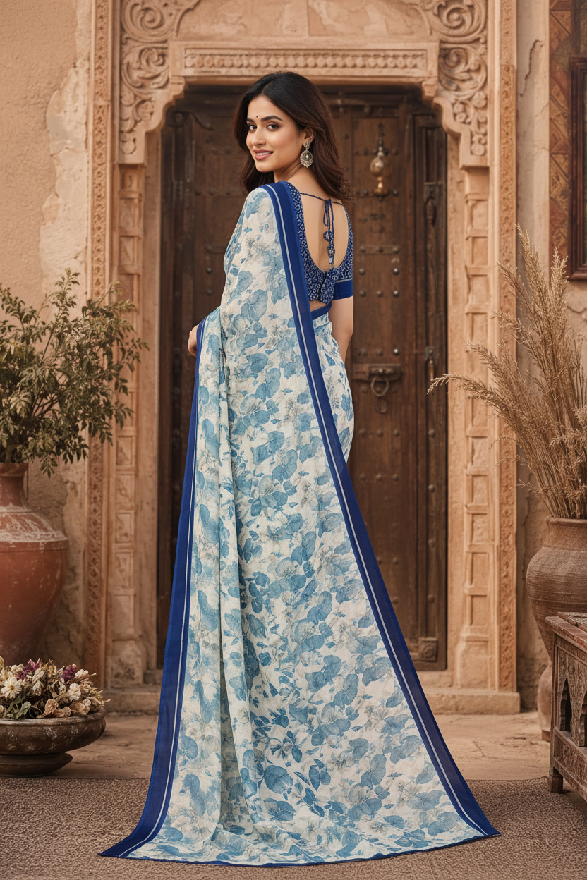 Satin Silk Printed Saree With Unstitched Blouse(Blue)