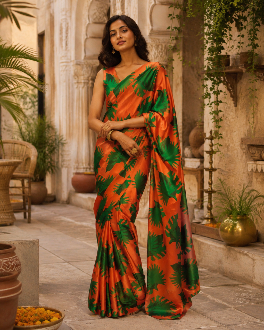 Satin Silk Printed Saree With Unstitched Blouse(Orange)
