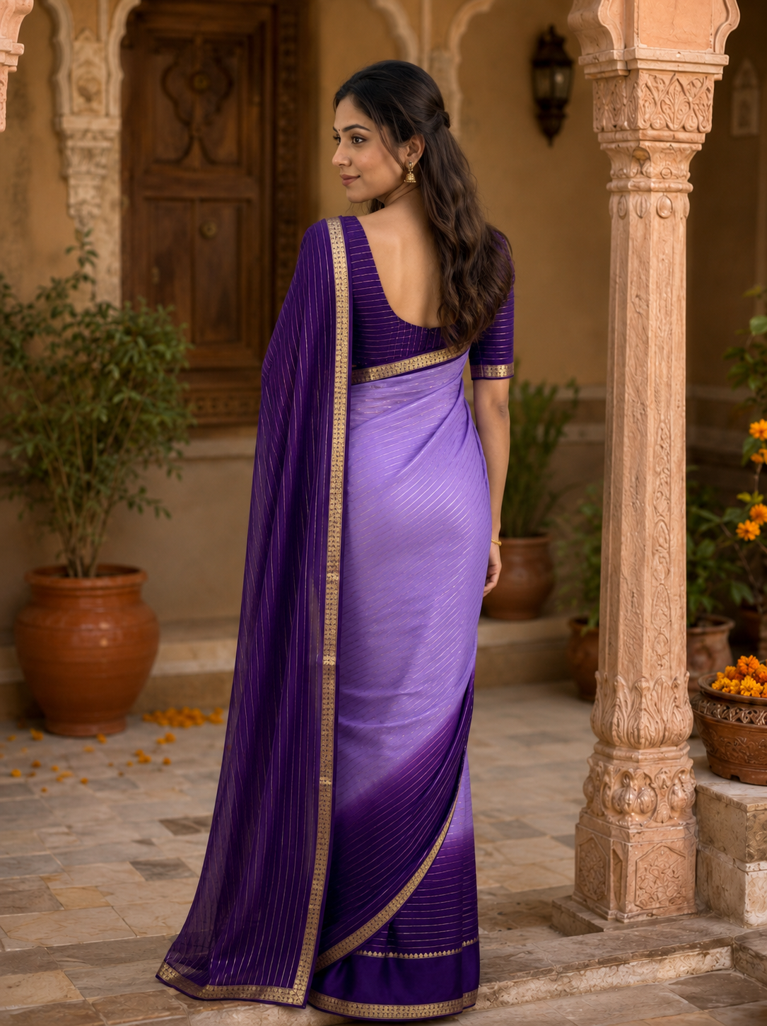 Viscose Georgette Saree With Unstitched Blouse(Purple)