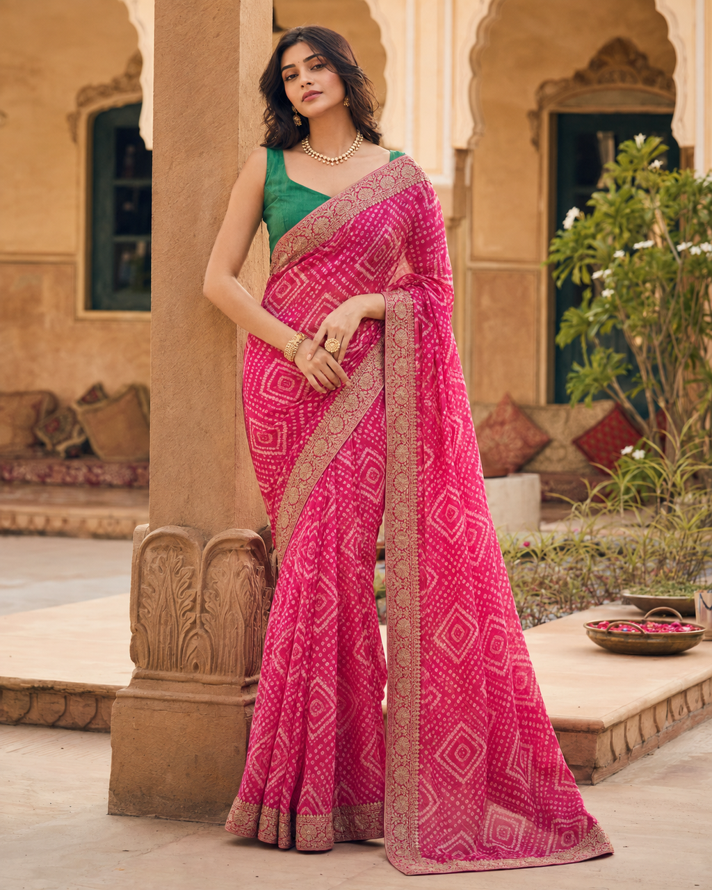 Georgette Bandhani Print Saree With Unstitched Blouse(Rani)