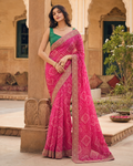 Georgette Bandhani Print Saree With Unstitched Blouse(Rani)