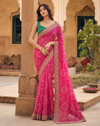 Georgette Bandhani Print Saree With Unstitched Blouse(Rani)