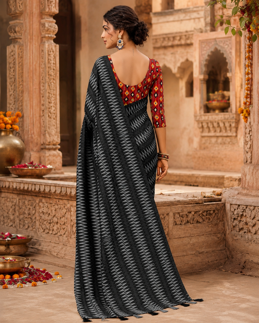Crepe Silk Printed Sarees With Unstitched Blouse(Black)