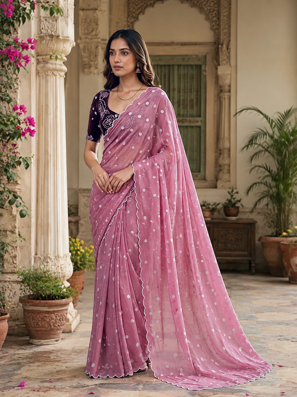 Georgette Embroidery Work Saree with Unstitched Blouse(Dark Pink)