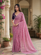 Georgette Embroidery Work Saree with Unstitched Blouse(Dark Pink)