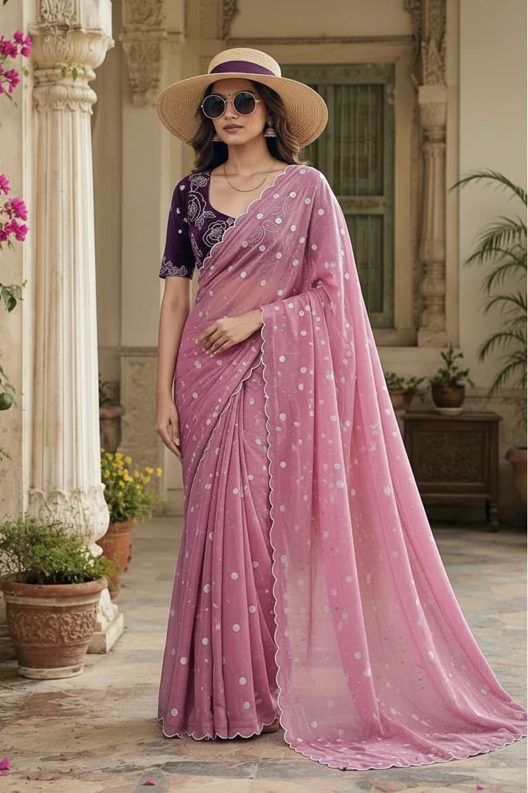 Georgette Embroidery Work Saree with Unstitched Blouse(Dark Pink)