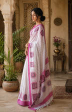 Linen Mirror Work Printed Saree with Unstitched Blouse( Rich Pink)