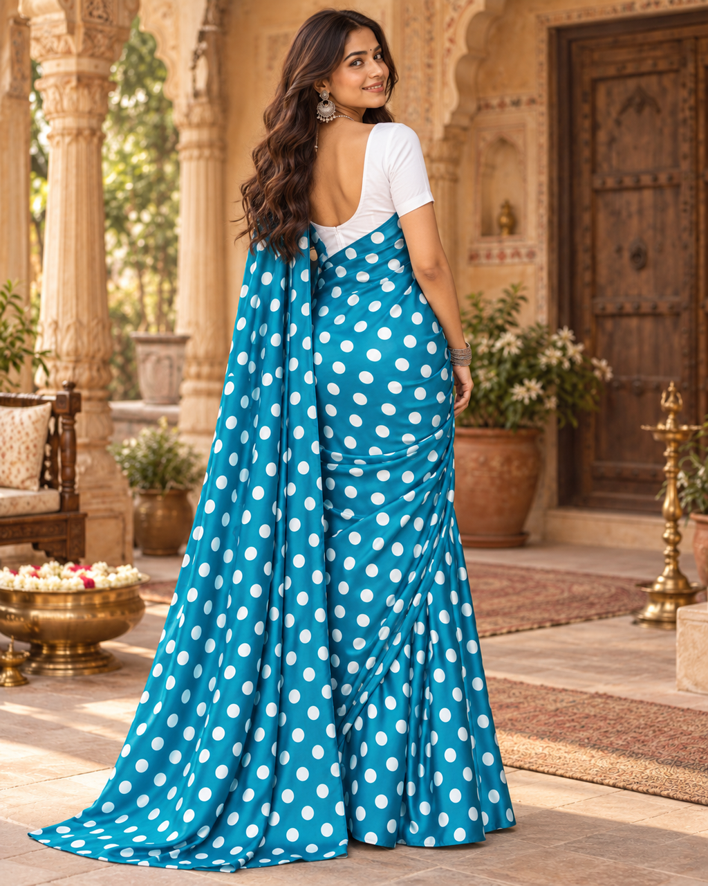 Satin Silk Printed Saree With Unstitched Blouse(Sky)