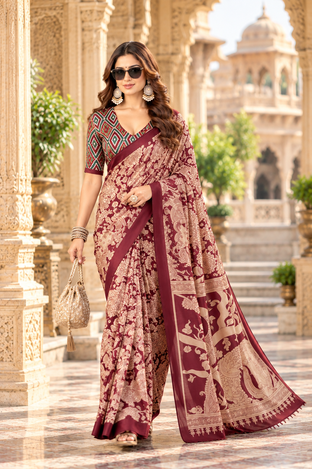 Premium Tussar Silk kalamkari Print Saree With Unstitched Blouse(Red)