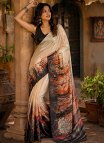Load image into Gallery viewer, Crepe Silk Printed Saree With Unstitched Blouse(Cream)
