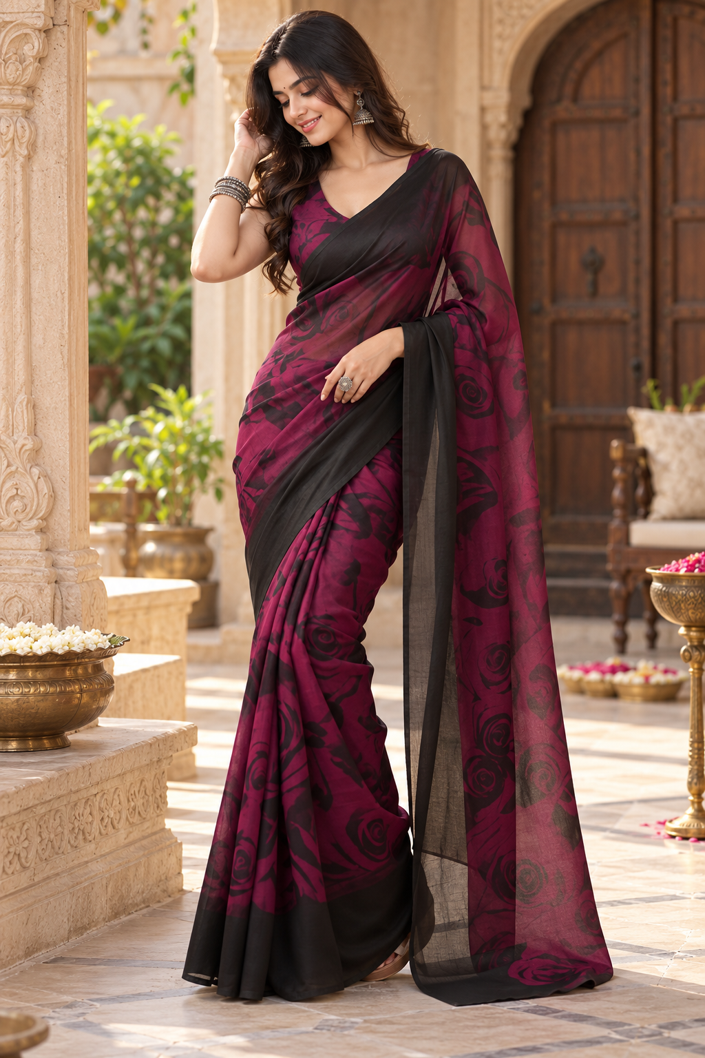 Chiffon Designer Print Saree With Unstitched Blouse(Wine)