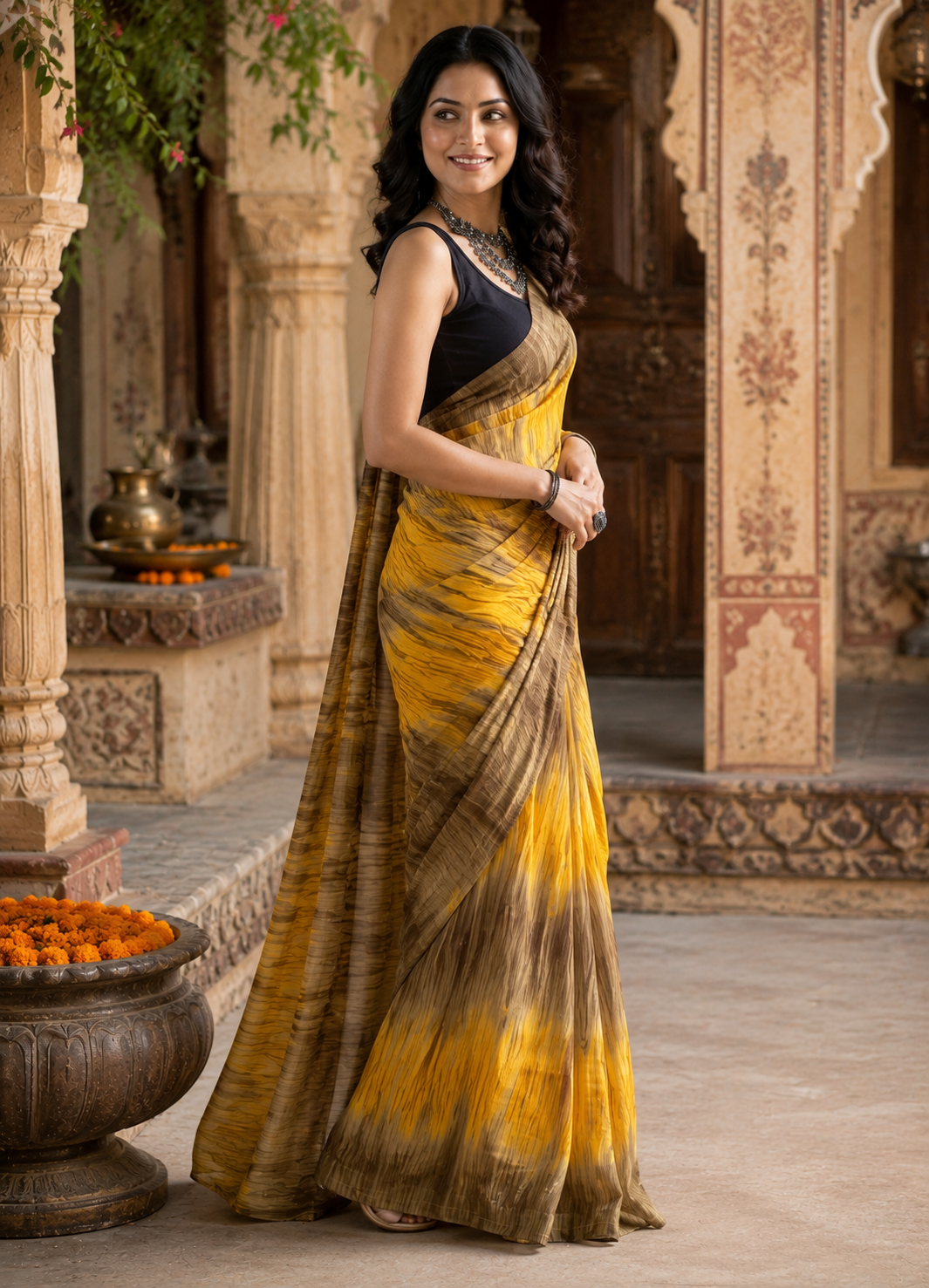 Soft Georgette Ready To Wear Saree With Unstitched Blouse(Yellow)