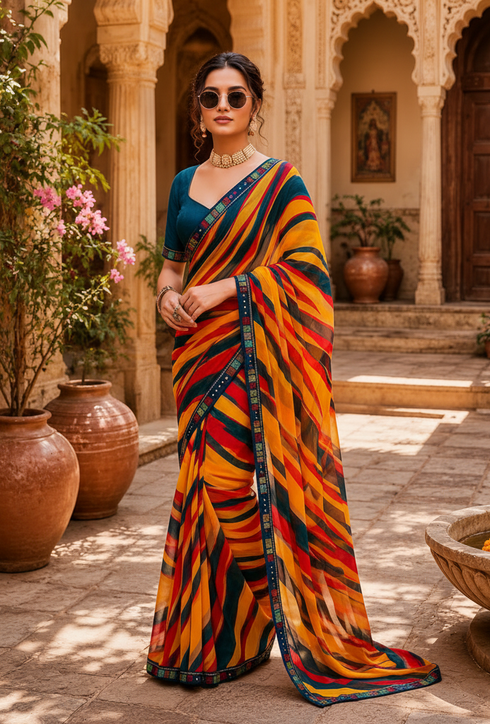 Georgette Digital Print Saree With Unstitched Blouse(Yellow)