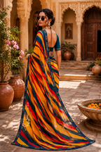 Georgette Digital Print Saree With Unstitched Blouse(Yellow)