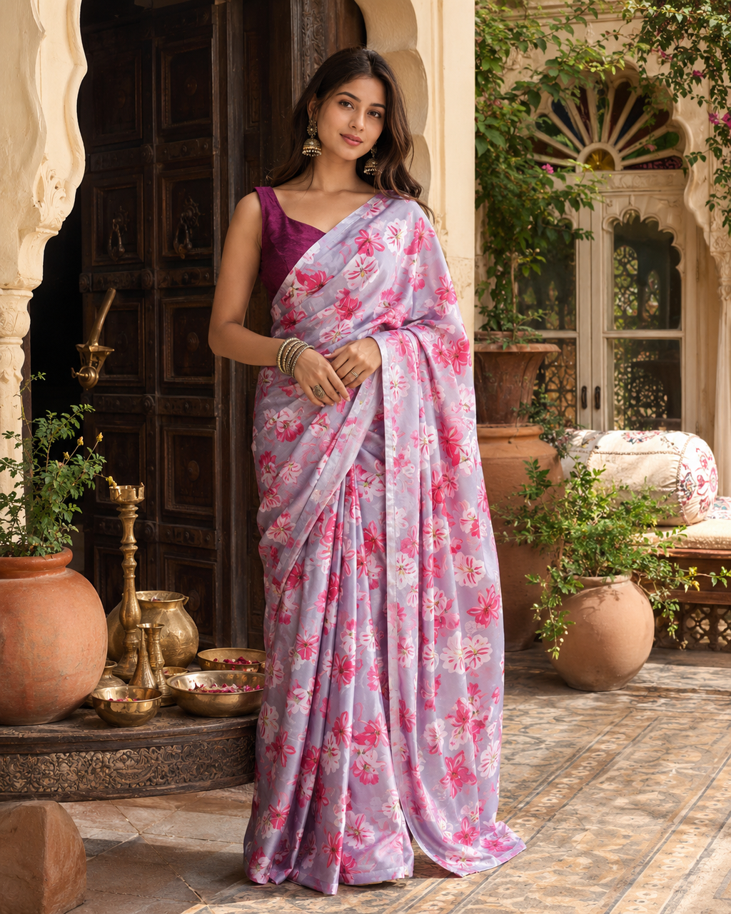 Satin Silk Printed Saree With Unstitched Blouse(Wine)
