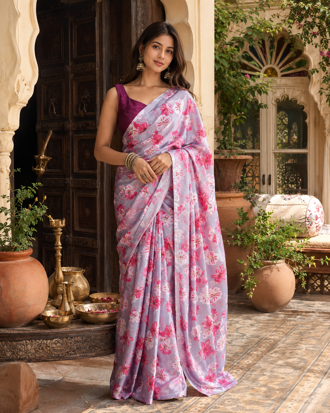 Satin Silk Printed Saree With Unstitched Blouse(Wine)