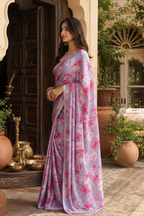 Satin Silk Printed Saree With Unstitched Blouse(Wine)